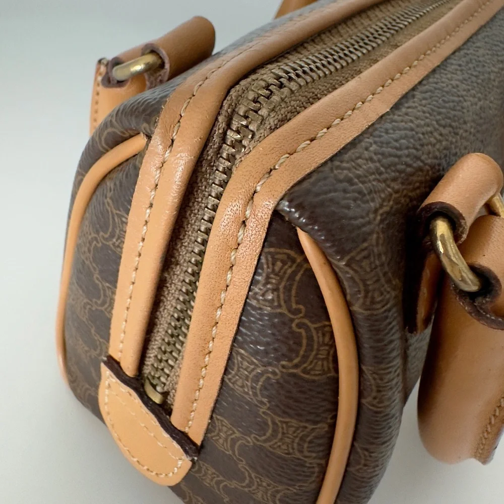 ✨CELINE Vintage Macadam Triomphe Canvas Leather Micro Mini Boston Handbag Brown - Picture 14 of 17